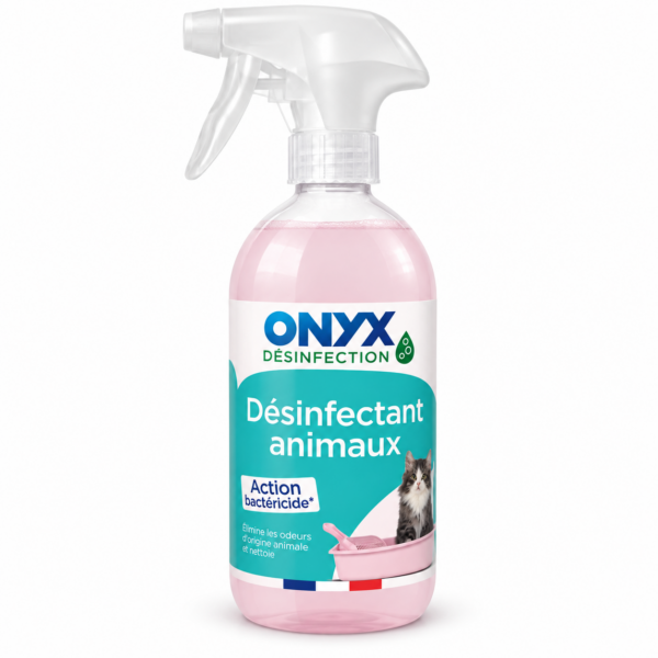 Désinfectant animaux ONYX en spray, action bactéricide, nettoie les surfaces et élimine les mauvaises odeurs d’origine animale.