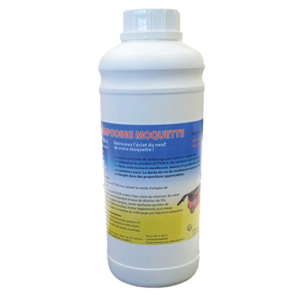 lacon blanc de shampooing moquette ACTION 4 professionnel avec étiquette bleue et jaune