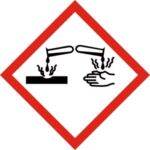 Pictogramme corrosif représentant un liquide attaquant une main et une surface métallique dans un losange rouge.