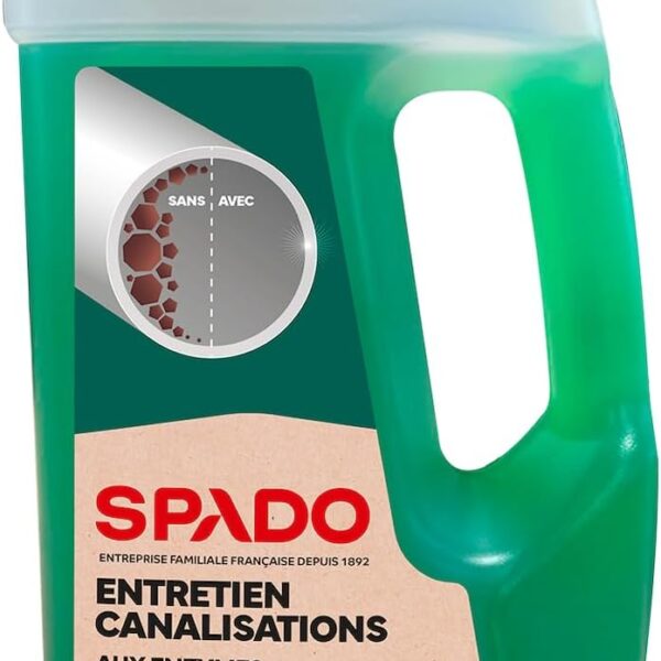 Flacon SPADO Entretien canalisations aux enzymes 1 L, parfum pomme, avec poignée et bouchon rouge sur fond blanc.