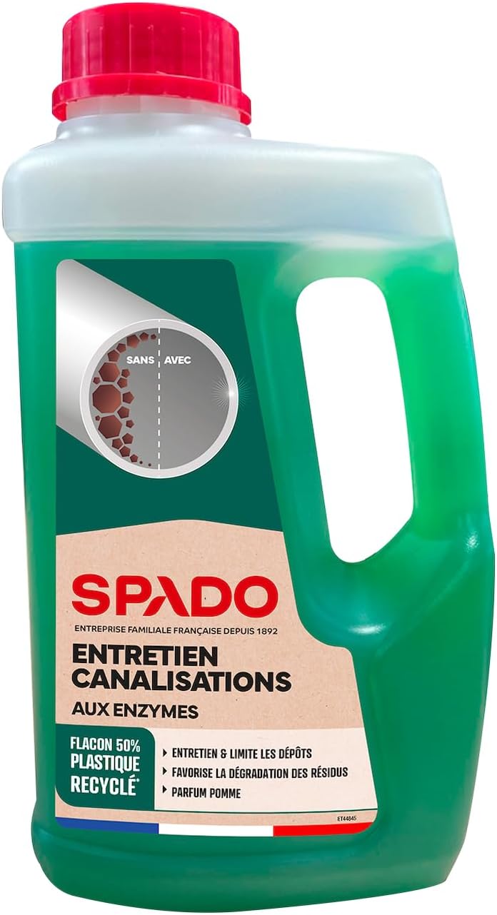 Flacon SPADO Entretien canalisations aux enzymes 1 L, parfum pomme, avec poignée et bouchon rouge sur fond blanc.