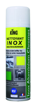 Aérosol nettoyant inox KING 500 ml pour nettoyer et faire briller les surfaces en acier inoxydable, chromées et aluminium.