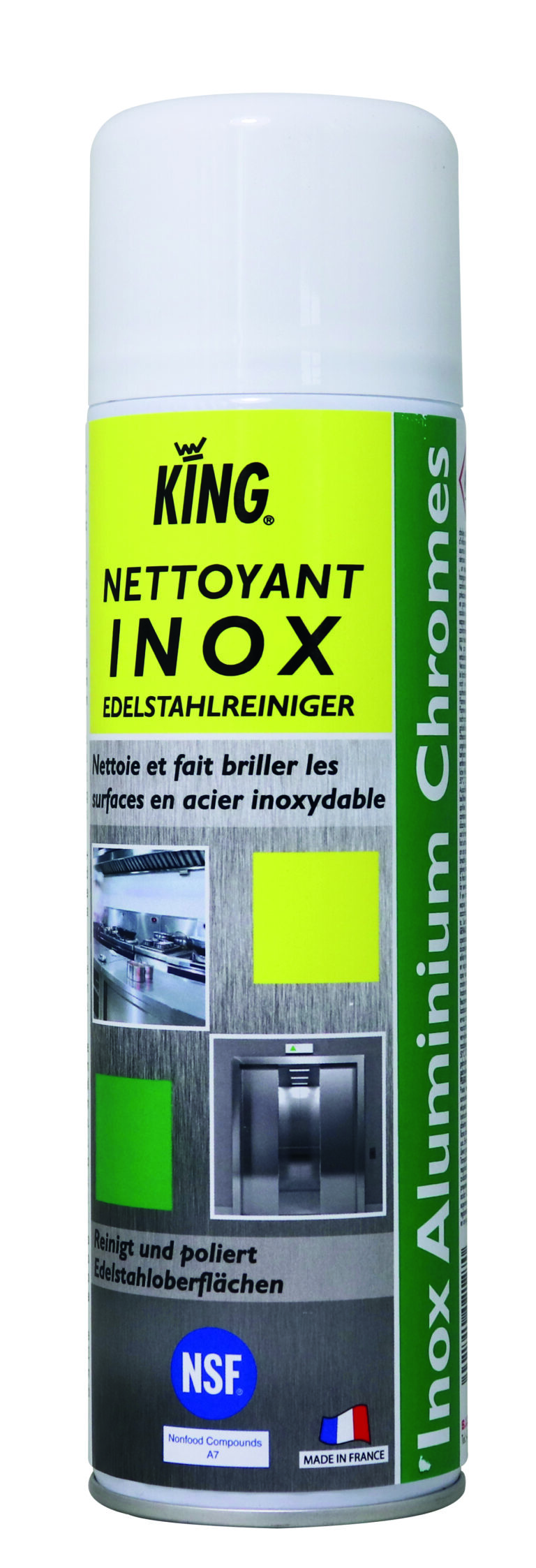 Aérosol nettoyant inox KING 500 ml pour nettoyer et faire briller les surfaces en acier inoxydable, chromées et aluminium.