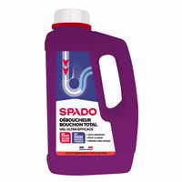 Flacon violet de déboucheur bouchon total SPADO 1 L avec poignée et bouchon blanc sur fond blanc
