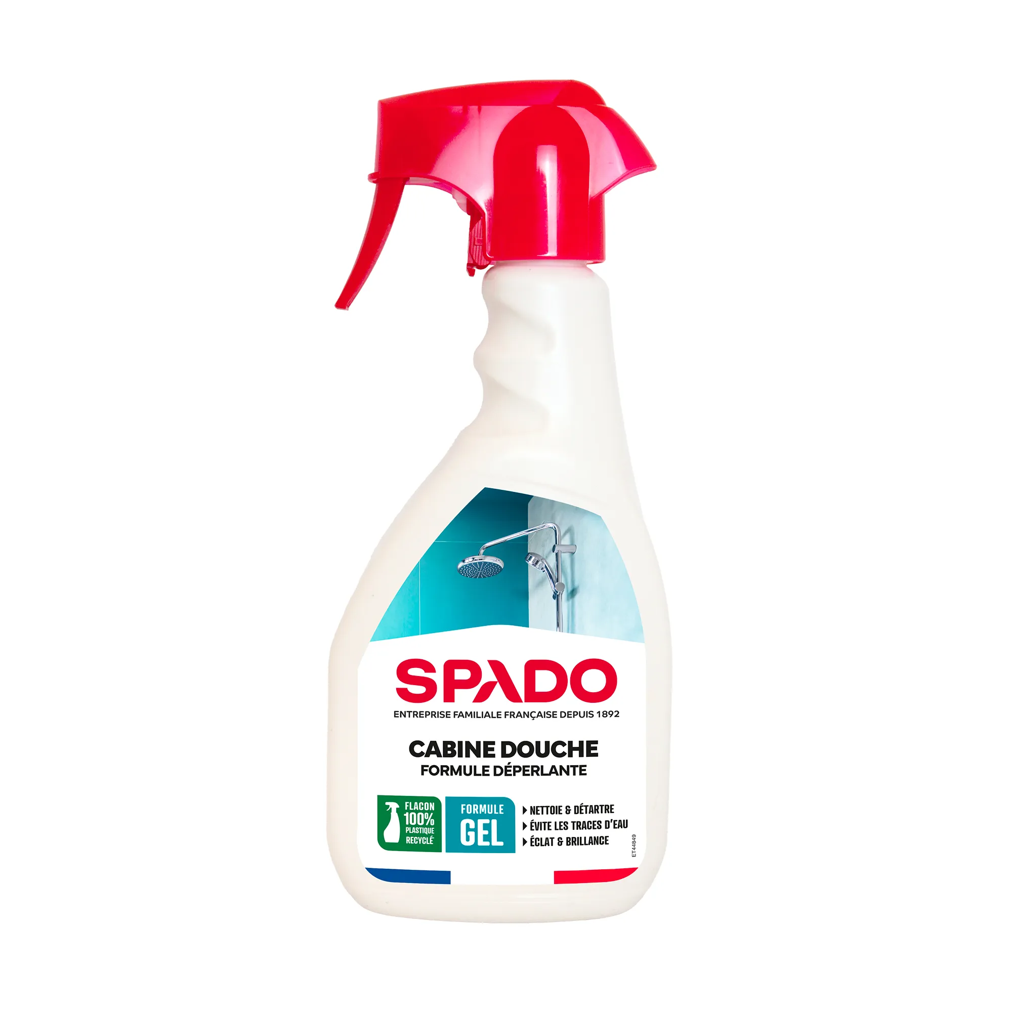 Nettoyant cabine de douche SPADO 500 ml – Flacon Pulvérisateur blanc et rouge de nettoyant cabine de douche SPADO 500 ml, formule gel déperlante