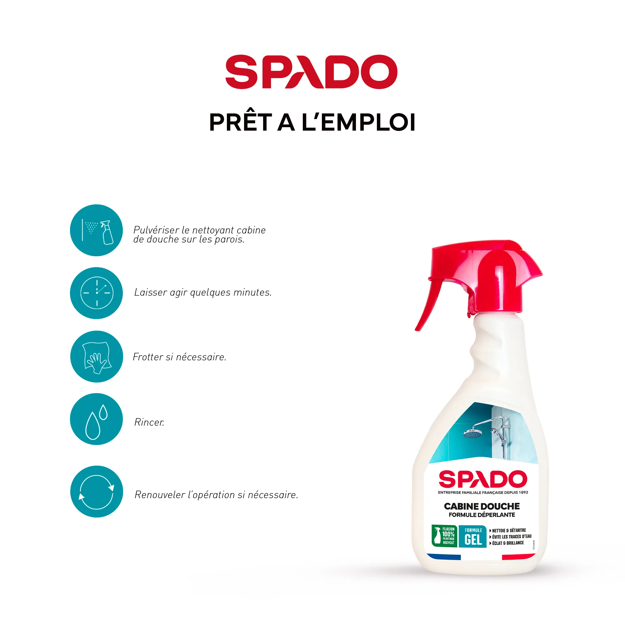 Visuel SPADO présentant les étapes d’utilisation du nettoyant cabine de douche prêt à l’emploi