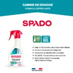 Présentation du nettoyant cabine de douche SPADO 500 ml avec ses avantages : action anticalcaire, brillance et formule gel déperlante
