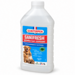 Désinfectant SANITERPEN SANIFRESH 1L présenté dans un environnement pour animaux, idéal pour niches, clapiers, garages, caves et autres surfaces lavables.