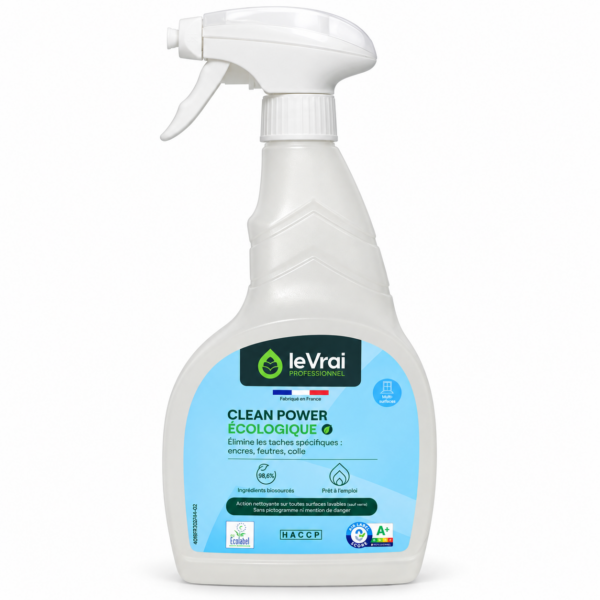 Pulvérisateur Clean Power Écologique Le Vrai Professionnel 750 ml, vu de face sur fond blanc avec son étiquette bleue.