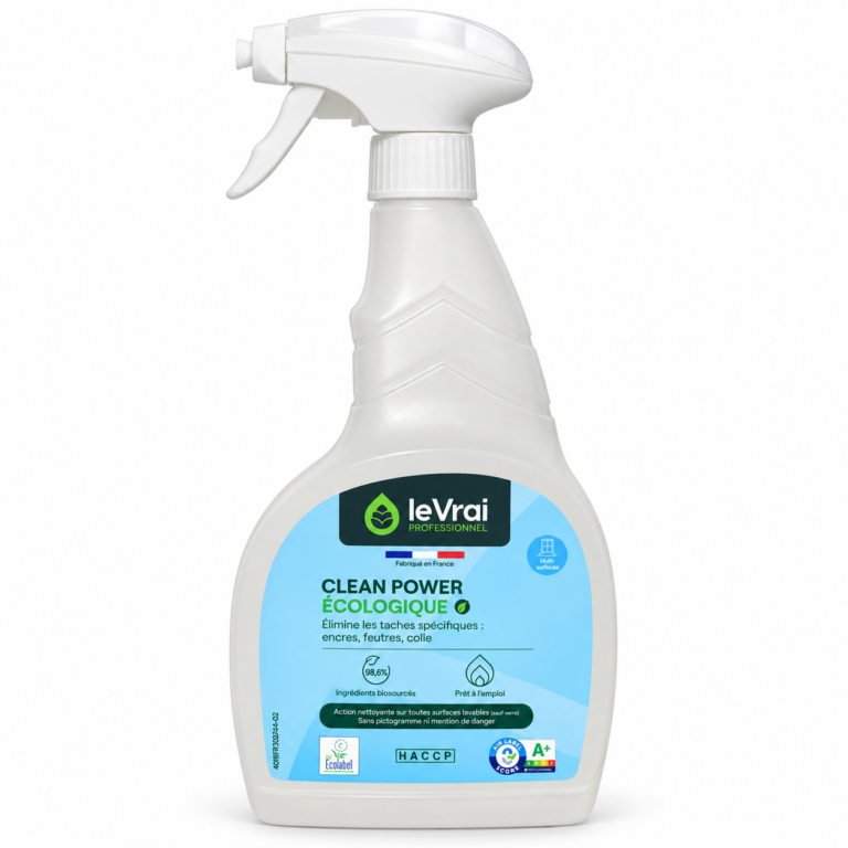 Pulvérisateur Clean Power Écologique Le Vrai Professionnel 750 ml, vu de face sur fond blanc avec son étiquette bleue.