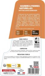 pierres naturelles SPADO 1 L – Mode d’emploi Étiquette arrière du nettoyant marbre et pierres naturelles SPADO 1 L avec mode d’emploi, composition et précautions
