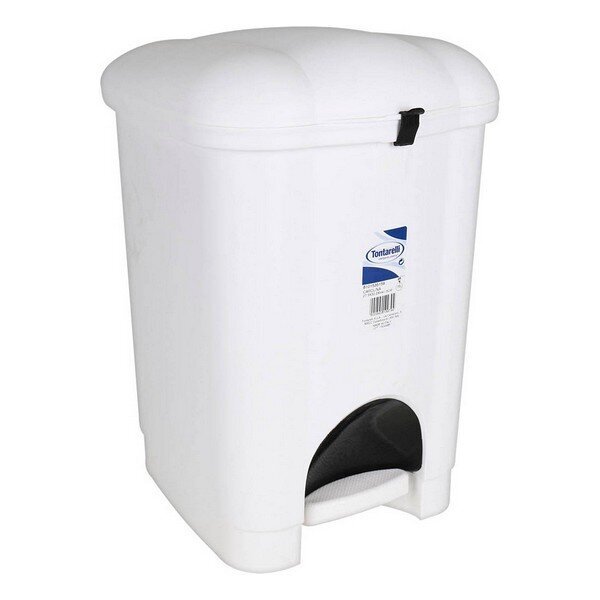 Poubelle à pédale blanche 6 L – Vue de face Poubelle compacte blanche 6 litres avec ouverture à pédale noire, vue de face.