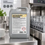 Bidon Détartrant Machine GAO 5L présenté en environnement de cuisine professionnelle.