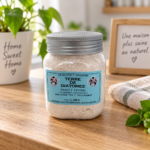 Pot de Terre de Diatomée Dousselin 100g présenté dans un intérieur, produit naturel et biodégradable pour lutter contre les insectes nuisibles.