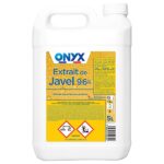 Bidon de 5 litres d’extrait de Javel ONYX à 9,6 % de chlore actif avec étiquette jaune.