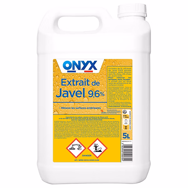 Bidon de 5 litres d’extrait de Javel ONYX à 9,6 % de chlore actif avec étiquette jaune.