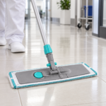 Support à poches TTS Wet Disinfection 40 cm utilisé avec une frange microfibre pour le nettoyage et la désinfection des sols en milieu professionnel.