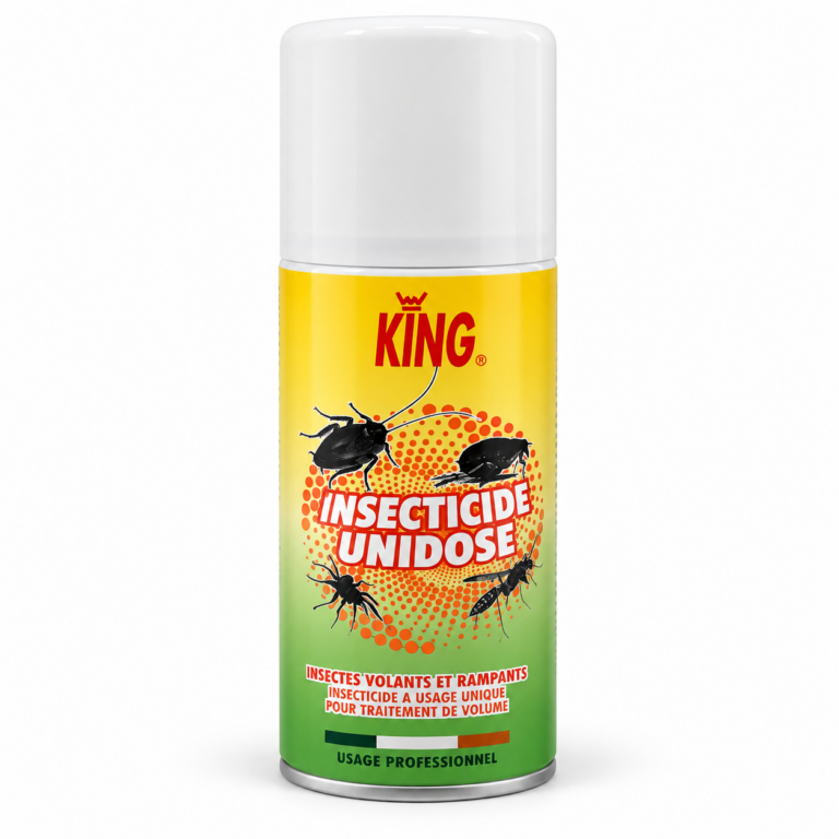 Aérosol KING Insecticide Unidose 150 ml, vue de face, insecticide pour insectes volants et rampants à usage professionnel.