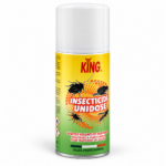 Aérosol KING Insecticide Unidose 150 ml, vue de trois quarts droite, montrant la face avant et le côté du produit avec informations complémentaires.