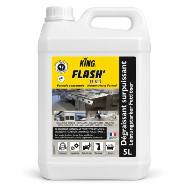 Bidon 5L de dégraissant surpuissant KING FLASH’NET pour surfaces professionnelles.