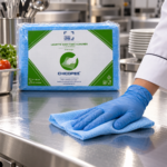 Lavette non-tissée ajourée Techline Essential utilisée pour nettoyer une surface inox en cuisine professionnelle.
