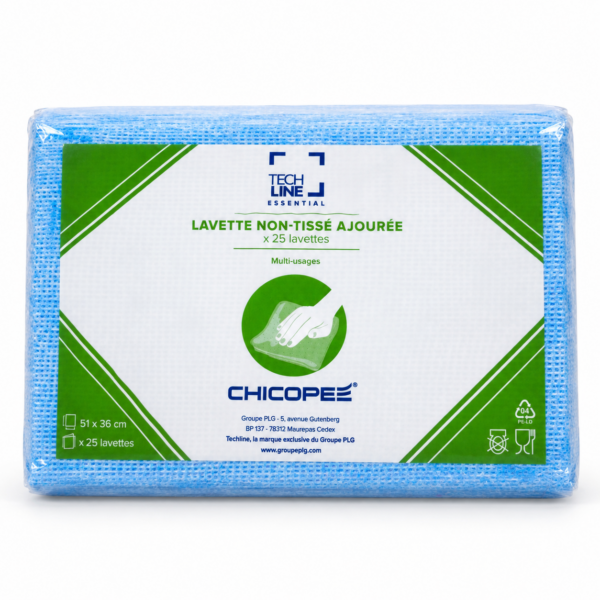 Sachet de 25 lavettes non-tissées ajourées bleues Techline Essential Chicopée 51 x 36 cm.