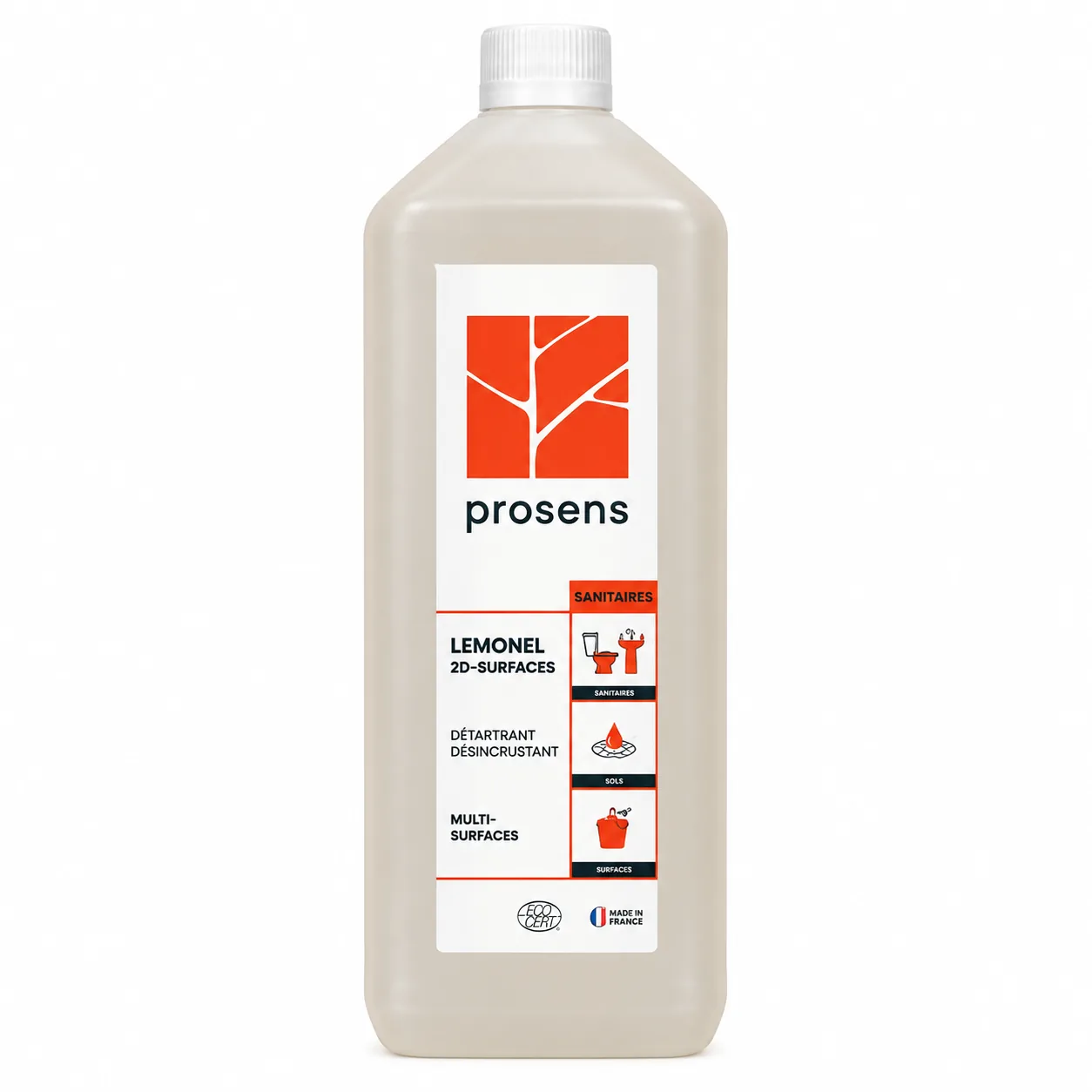 LEMONEL 2D-SURFACES PROSENS 1L – Vue de face de face Flacon 1L Lemonel 2D-Surfaces Prosens détartrant désincrustant pour sanitaires et surfaces