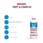 Présentation des étapes d’utilisation du super déboucheur gel SPADO prêt à l’emploi, du débouchage du flacon au rinçage à l’eau froide.