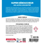 Étiquette arrière du super déboucheur gel ultra concentré SPADO 500 ml avec mode d’emploi, précautions et pictogramme de danger corrosif.