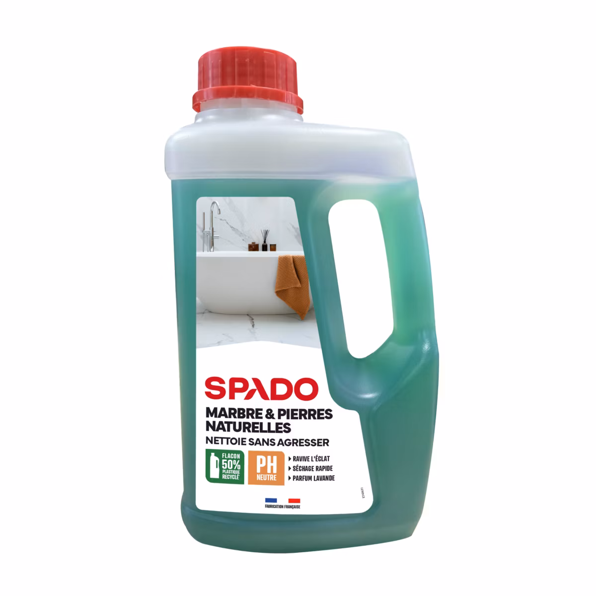 Nettoyant marbre et pierres naturelles SPADO 1 L Flacon vert de nettoyant marbre et pierres naturelles SPADO 1 L avec poignée et bouchon rouge