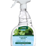Pulvérisateur transparent Clean Odor Menthe Le Vrai Professionnel 750 ml avec gâchette blanche et étiquette bleue.