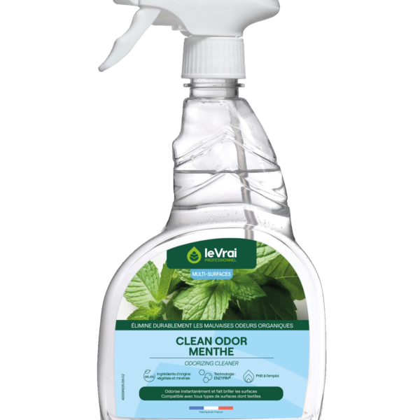 Pulvérisateur transparent Clean Odor Menthe Le Vrai Professionnel 750 ml avec gâchette blanche et étiquette bleue.