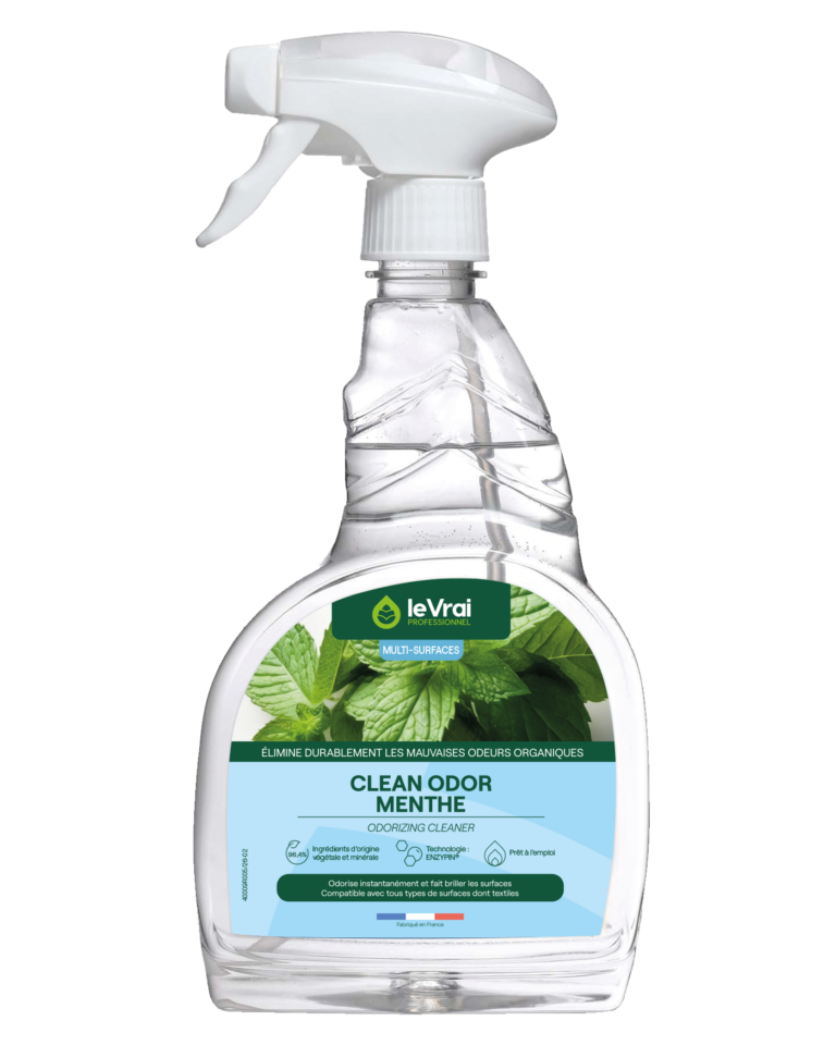 Pulvérisateur transparent Clean Odor Menthe Le Vrai Professionnel 750 ml avec gâchette blanche et étiquette bleue.