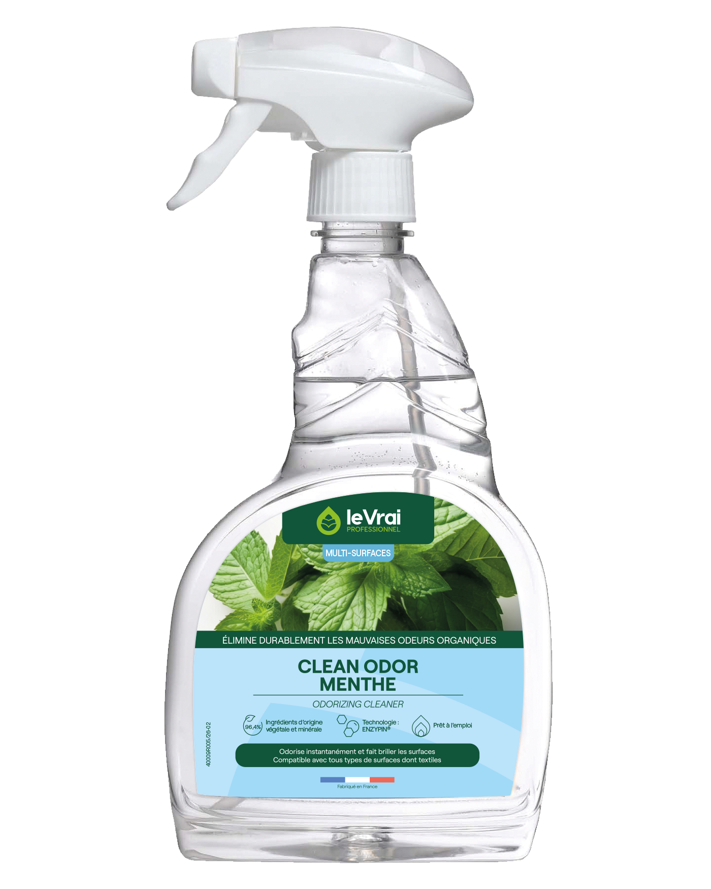 CLEAN ODOR MENTHE LE VRAI PROFESSIONNEL 750 ML Pulvérisateur transparent Clean Odor Menthe Le Vrai Professionnel 750 ml avec gâchette blanche et étiquette bleue.