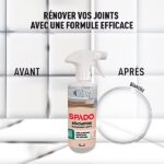 Rénovateur blanchissant joints SPADO devant un carrelage illustrant des joints noircis avant nettoyage et des joints blancs après traitement.