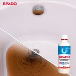Montage avant et après montrant un lavabo avec de l’eau stagnante brunâtre puis un lavabo évacué, accompagné du flacon SPADO super déboucheur.