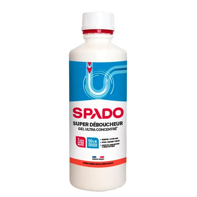 Flacon blanc de super déboucheur gel ultra concentré SPADO 500 ml, avec étiquette bleue et rouge, présenté de face sur fond blanc.