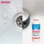 Illustration avant et après d’une bonde entourée de cheveux puis dégagée, avec le super déboucheur gel ultra concentré SPADO.