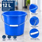 Seau rond bleu 12 litres avec bord renforcé, anse métallique et poignée plastique pour usage professionnel