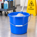 Seau rond bleu 12 litres utilisé avec une serpillière pour le nettoyage professionnel des sols