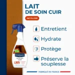 Présentation du Starwax Lait de soin cuir incolore avec les bénéfices : entretient, hydrate, protège et préserve la souplesse.