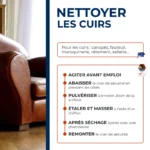 Visuel explicatif du mode d’emploi du lait de soin cuir Starwax pour nettoyer et entretenir canapés, fauteuils et maroquinerie.