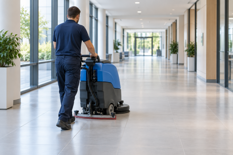 Agent guidant une autolaveuse accompagnée sur le carrelage d’un couloir