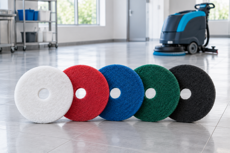 Disques de nettoyage blanc, rouge, bleu, vert et noir devant une autolaveuse