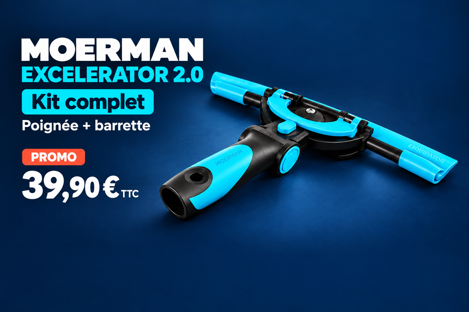 Raclette Moerman Excelerator 2.0 complète avec poignée et barrette assemblées, présentée en promotion sur fond blanc.
