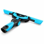 Vue de la raclette Moerman Excelerator 2.0 avec poignée et barrette assemblées, en noir et turquoise sur fond blanc.