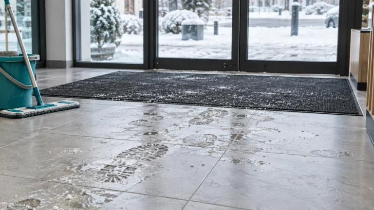 Traces de chaussures et résidus de sel sur le carrelage d’une entrée en hiver, avec tapis et matériel de nettoyage.