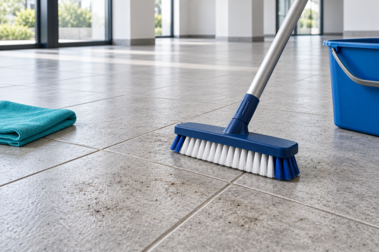 Brosse de lavage, seau bleu et microfibre sur un carrelage gris à relief