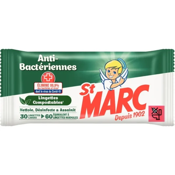 Paquet de 30 lingettes larges St Marc Anti-Bactériennes, compostables et conçues pour nettoyer et désinfecter les surfaces et objets du quotidien.