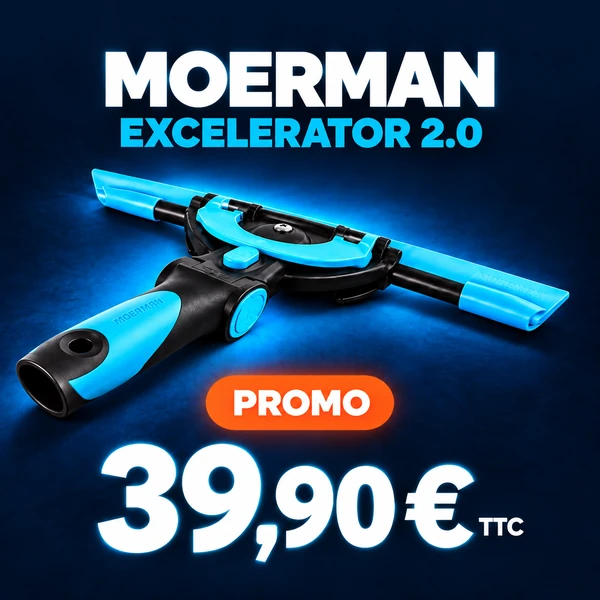 Raclette vitres Moerman Excelerator 2.0 – Promo 39,90 € TTC Profitez de la promotion sur le Moerman Excelerator 2.0, un outil professionnel pensé pour un nettoyage des vitres rapide, précis et confortable. Prix promotionnel : 39,90 € TTC